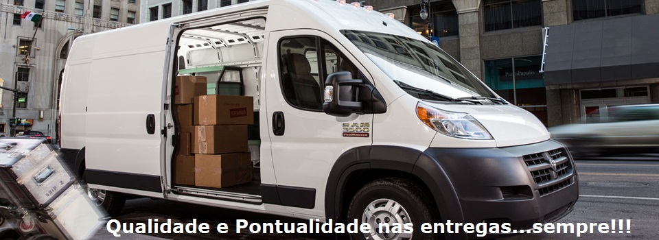 imagem de uma van com caixas usando o texto: Qualidade e Pontualidade nas entregas...sempre!!!